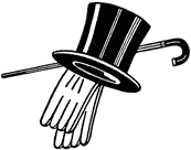 top hat,
 cane and gloves