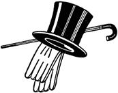 top hat,
 cane and gloves