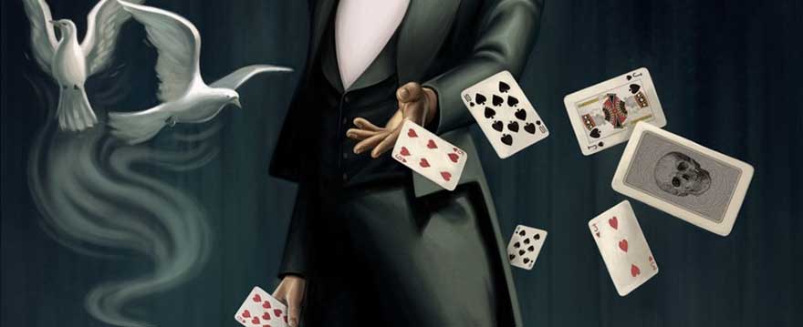 magician performing card magic tricks with white dove flying in background