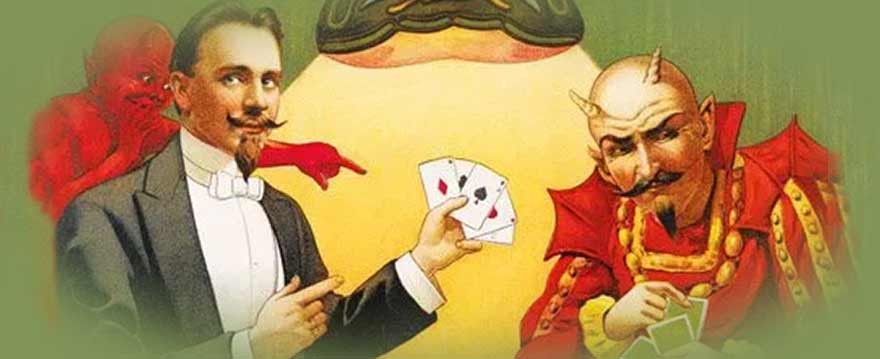 magician playing cards with devil