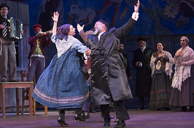 Arizona Theatre Company play of Fiddler on the Roof shows two immigrants dancing merrily